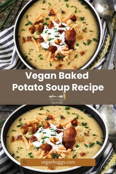 two bowls of vegan baked potato soup