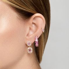 Earrings measure 0.75 inches. SKU ASER12971 Carat Weight 8.7ct Pink Sapphire || .12ct Diamond Metal Type 14KT Rose Gold Number of Stones 14 Pink Sapphires Primary Stone Pink Sapphire Metal Weight 6.78g Baguette Diamond Earrings, Pink Diamond Earrings, Pink Sapphire Jewelry, Pink Diamond Jewelry, Rectangular Earrings, Pink Sapphire Earrings, Gold Number, Baguette Diamonds, Rose Gold Pink