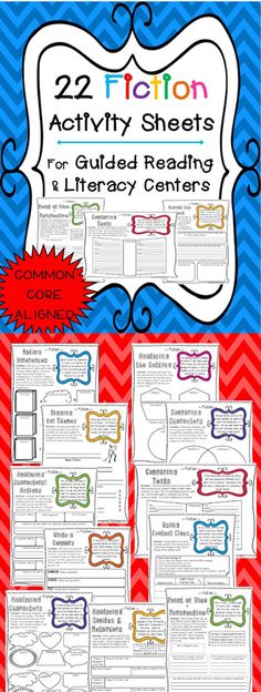 two page activity sheets for guided reading and library centers with colorful chevroned background