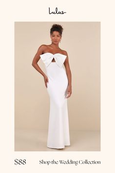 a woman in a white dress with the words shop the wedding collection on it's page