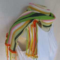 Citrus Stripes Scarf Bright Fiesta Beaded Ribbon Fringe Scarf Multicolor Bohemian Scarves For Festivals, Bohemian Multicolor Scarf For Festivals, Bohemian Multicolor Scarves For Festival, Bohemian Beach Scarf, Handmade Multicolor Scarf For Beach, Handmade Multicolor Scarves For Beach, Handmade Multicolor Scarves For The Beach, Hippie Multicolor Festival Scarves, Bohemian Style Summer Scarves