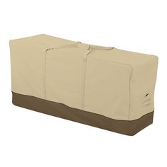 a large tan and brown bag sitting on top of a white floor