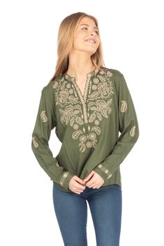 This boho top is made from 100% natural cotton, and features an exquisite floral paisley embroidery. The embroidery is inspired by ethnic Indian paisley motifs.Model is 5’8” - wearing size small. Model Bust: 34”Hand-wash cold, lay flat to dry.Made in India. Bohemian V-neck Top With Resham Embroidery, Bohemian Embroidered Relaxed Fit Blouse, Green Tops With Resham Embroidery For Spring, Green Resham Embroidered Top For Spring, Embroidered Bohemian Peasant Top With Relaxed Fit, Bohemian Embroidered Top With Long Sleeves, Bohemian Embroidered Peasant Top With Relaxed Fit, Bohemian Embroidered Cotton Top With Relaxed Fit, Bohemian Style Embroidered Cotton Top With Relaxed Fit