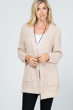 Audrie Loose Knit Classic Open Front Cardigan - Jolie Vaughan | Online Clothing Store in Baton Rouge Comfortable Stretch Sweater For Fall, Fall Cotton Sweater With Soft Texture, Soft Cotton Sweater For Fall, Soft Texture Cotton Sweater For Fall, Cozy Open Front Cardigan For Cold Weather, Fall Relaxed Fit Outerwear With Soft Texture, Casual Cozy Cardigan With Soft Texture, Casual Cardigan With Soft Texture And Cozy Fit, Casual Cozy Fit Cardigan With Soft Texture