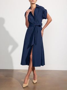 Brochu Walker | Women's Fia Belted Dress in Navy Navy Outfits For Women, Navy Dress Outfit, Sunmer Dresses, Triangle Body Shape Outfits, Summer Work Dresses, Brochu Walker, Cute One Piece Swimsuits, Navy Shirt Dress, Shirt Dress Outfit