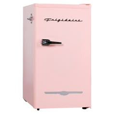 a pink refrigerator sitting on top of a white floor next to a black handle and door