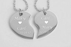 "This engraved silver broken heart necklace can be personalized for the sweetheart in your life. Our custom split heart necklace set can be engraved on both sides with names, dates or a message of love. If you would like a heart engraved between names or on any line you can simply type the word \"heart\" into the desired location. The 2 piece broken heart necklace can also be a wonderful gift for your best friend. 2 NECKLACES INCLUDED [pictured] custom sizes available For Extra Curb Chains Pleas Customized Stainless Steel Heart Pendant Jewelry, Personalized Stainless Steel Heart Pendant Jewelry, Personalized Stainless Steel Heart Pendant, Customizable Stainless Steel Heart Pendant Jewelry, Personalized Stainless Steel Heart Necklace For Anniversary, Personalized Stainless Steel Jewelry For Valentine's Day, Engraved Stainless Steel Jewelry For Valentine's Day, Engraved Stainless Steel Heart Pendant Jewelry, Personalized Stainless Steel Necklace For Anniversary