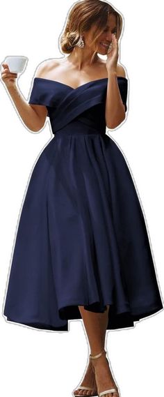 Navy Blue Tea Length Dress A Line, Blue Satin Formal Dress, Blue Knee-length Midi Dress With Pleated Bodice, Navy A-line Midi Dress For Party, Retro Blue Tea-length Dress, Navy A-line Midi Dress For Formal Occasions, Satin Formal Dress, Corset Back, Dark Navy Blue