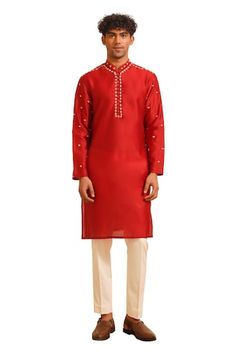 Red kurta with placed zardozi embroidered floral buttis. Comes with pant. - Aza Fashions Transitional Red Kurta With Dori Work, Red Dori Work Kurta For Eid, Red Eid Kurta With Dori Work, Traditional Red Kurta With Dori Work, Red Straight Kurta For Traditional Ceremonies, Ceremonial Kurta With Gota Work For Diwali, Bollywood Style Ceremonial Kurta With Gota Work, Red Sherwani With Dori Work For Diwali, Festive Red Sherwani With Dori Work