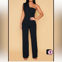 Black Jumpsuit With One Shoulder Black Spring Pantsuit For Date Night, Black Pantsuit For Spring Date Night, Black Pantsuit For Date Night In Spring, Spring Black Pantsuit For Night Out, Elegant Black Fitted Jumpsuits And Rompers, Sleek Black Jumpsuits And Rompers For Party, Fitted Pantsuit For Party, Black Pantsuit For Spring Night Out, Black Pantsuit For Night Out In Spring