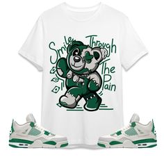 Smile Through The Pain BER Unisex Shirt Match Jordan 4 SB Pine Green Made to match your sneakers! * SHOES NOT INCLUDED * Regular fit Runs true to size 100% cotton Tracking information included! The screen on your device (computers, phone, and tablet, etc.) may display different colors and saturations from the actual garment. Also, the item colors may not be as saturated in person as they are displayed on your screen right now. We do our best to match our shirts as much as possible. ** Care Instr Sporty Cotton Sneakers With Logo Print, Casual Green Cotton Sneakers, Green Cotton Sneakers For Streetwear, White Cotton Sneakers For Streetwear, Green Cotton Streetwear Sneakers, Casual Green Breathable T-shirt, White Cotton Sneakers With Graphic Print, Breathable Cotton T-shirt For Streetwear, Casual Cotton Sneakers With Letter Print