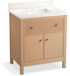 a white sink sitting on top of a wooden cabinet next to a counter with two drawers