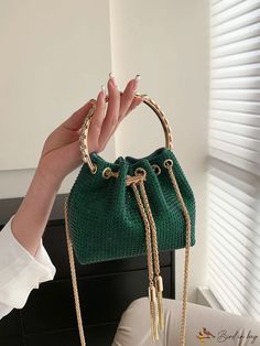 BirdinBag - Green Rhinestone Mini Drawstring Bucket Bag with Elegant Decor Green Bucket Bag For Evening, Elegant Green Handheld Bucket Bag, Elegant Bucket Crochet Bag, Elegant Bucket Crochet Bag For Daily Use, Elegant Crochet Bucket Bag For Daily Use, Green Details, Drawstring Bucket Bag, Elegant Decor, Bag Bag