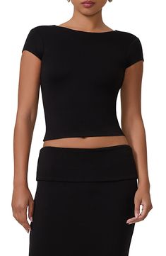 A cropped top presents as simple and standard from the front but serves seriously sultry vibes in the back. 18 1/2" length (size Medium) Boat neck lined Short sleeves Open back 95% rayon, 5% spandex Machine wash, tumble dry Imported Cropped Top With Built-in Bra And Minimal Stretch, Stretch Short Sleeve Crop Top With Built-in Bra, Chic Scoop Neck Crop Top With Built-in Bra, Sleek Tops With Built-in Bra And Scoop Neck, Fitted Elastane Crop Top For Night Out, Versatile Short Sleeve Crop Top, Versatile Fitted Crop Top With Short Sleeves, Elastane Stretch Crop Top With Scoop Neck, Fitted Crop Top With Cropped Hem For Summer