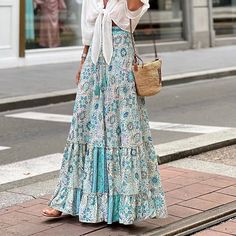 Season:Summer,Spring; Fabric:Polyester; Dress Length:Maxi; Gender:Women's; Style:Boho,Fashion,Casual; Occasion:Weekend,Going out,Daily,Holiday,Vacation; Fit Type:Regular Fit; Waistline:High Waist; Pattern:Geometric,Floral; Design:Print,Ruffle; Pants Type:Long Skirt,Swing,A Line,Skirt,Bohemia; Front page:FF; Listing Date:01/05/2024; Production mode:External procurement; Length:; Waist: Cheap Maxi Skirts, Chic Holiday Party, Casual Long Skirt, Floor Length Maxi Skirt, Fitted Maxi Skirt, Long Skirt Casual, Floral Print Maxi Skirt, Ruffle Maxi Skirt, Nature Dress