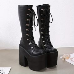 Black Gothic Punk Lace Up Mid Calf Chunky Platform Boots - Vedlit Punk Style Martin Boots With Chunky Platform For Fall, Winter Platform Martin Boots For Concerts, Winter Concert Platform Martin Boots, Winter High Ankle Platform Boots For Concerts, Winter Concert High Ankle Platform Boots, Punk Style Lace-up Platform Mid-calf Boots, Alternative Style Chunky Platform Lace-up Boots, Alternative Style Lace-up Platform Boots With Chunky Platform, Punk Style Faux Leather Platform Martin Boots