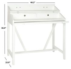 a white desk with two drawers and measurements