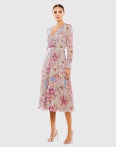 Hand Embellished Floral Long Sleeve Midi Dress – Mac Duggal Silk Long Sleeve Midi Dress For Garden Party, Elegant Long Sleeve Dress With Surplice Neckline For Spring, Floral Print Midi Dress With Surplice Neckline For Evening, Silk Long Sleeve Dress For Garden Party, Elegant Floral Dress With Surplice Neckline For Garden Party, Formal Floral Print V-neck Dress, Formal V-neck Floral Print Dress, Formal Floral Dress With V-neck, Floral Print Long Sleeve Midi Dress For Cocktail