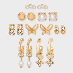 Add a variety of styles to your earrings collection with the 8-Piece Pearl Stud Hoop Butterfly Flower Earring Set from A New Day™. This eight-piece earring set includes both stud and hoop earrings adorned with faux pearls and stones for stunning style. With a nickel-free metal construction, these gold-tone earrings suit sensitive skin, and they offer a secure fit with post-back closures. A New Day™: Style that goes wherever you do. Stunning Style, Flower Earring, Vanilla Girl, Butterfly Flower, Butterfly Flowers, Girls Earrings, Earrings Collection, Pearl Studs, Metal Construction