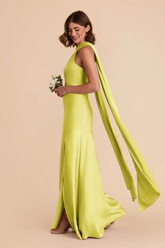 Eileen Chartreuse Satin Halter Bridesmaid Dress | Birdy Grey Lime Bridesmaid Dresses, Chartreuse Bridesmaid Dress, Green Formal Maxi Dress, Chartreuse Bridesmaids Dresses, Halter Neck Satin Dress, Bridesmaid Dresses Halter Neck, Chartreuse Wedding, Halter Neck Bridesmaid Dresses, Lime Green Bridesmaid Dresses