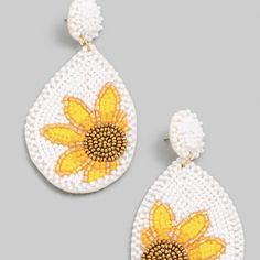 Beaded Sunflower Teardrop Earrings White Dangle Flower Earrings For Spring, White Teardrop Flower Earrings, Summer Beaded Teardrop Earrings, White Flower Beaded Earrings For Spring, Summer Teardrop Beaded Earrings, White Beaded Teardrop Earrings, White Teardrop Earrings, Bohemian White Beaded Earrings For Spring, Handmade White Beaded Earrings For Spring