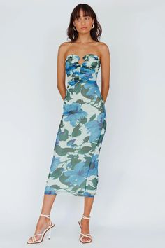 Shop the Lahita Strapless Midi Dress Floral Blue | Selfie Leslie Hot Party Dresses, Midi Dress Floral, Purple Bridesmaids, Yellow Bridesmaids, Veil Hairstyles, Strapless Midi Dress, Blue Bridesmaids, Baguette Bag, Mesh Overlay