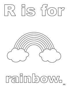 the word r is for rainbow with clouds and a rainbow in the sky coloring page