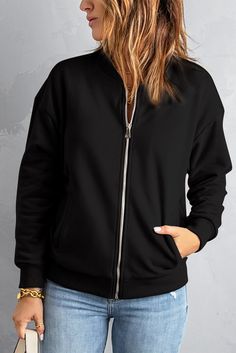 Womens Black Zip-up Jacket with Pocket Sporty Jacket, Outfits For Fall, Winter Sweatshirt, Black Zip Ups, Material Girl, Other Outfits, Comfy Cozy, Mom Outfits, Look Plus