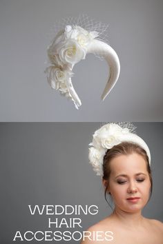 Padded halo headband inspired by wonderful Kate Middleton floral head piece is hand made and hand stitched. Bridal headband comes with birdcage veil is being placed at the back of the bridal flower crown or whithout. Bridal hairband has been covered in a high quality Italian crepe. Wedding guest fascinator hairband is trimmed with intone flowers and leaves covering the right ear side of the bridal headpiece. Flower crown will instantly elevate any outfit. Spring Wedding Headband With Pinched Crown, Whimsical Wedding Crown Headpiece, Whimsical Crown Headpiece For Wedding, Handmade Flower Headpiece For Wedding, Whimsical Flower Wedding Headpieces, Whimsical Flower Headpieces For Wedding, Handmade White Headband Headpiece, Handmade Wedding Hair Accessories For Spring, Handmade Hair Accessories For Spring Wedding