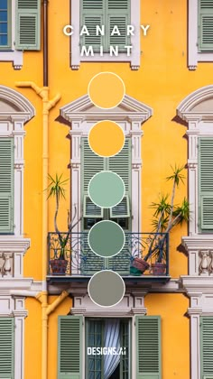 an apartment building with green shutters and white trim on the windows is shown in color swatches