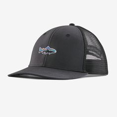 Featuring a brim made with Bureo’s fully traceable NetPlus® 100% recycled fishing nets, our classic mid-crown trucker hat features an organic cotton front, a recycled polyester-mesh back and an adjustable snap closure. Made in a Fair Trade Certified™ factory. | Patagonia Stand Up® Trout Trucker Hat in Ink Black - Trucker Hats & Caps - Organic Cotton/Recycled Polyester/Pfas Patagonia Adjustable Trucker Hat With Curved Brim, Patagonia Trucker Hat With Curved Brim, Patagonia Trucker Hat For Outdoor Activities, Patagonia Outdoor Trucker Hat With Curved Brim, Patagonia Trucker Hat With Curved Brim For Outdoor, Patagonia Casual Trucker Hat With Curved Brim, Casual Patagonia Trucker Hat With Curved Brim, Black And White Hats, 50% Logo