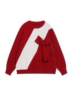 Color: Red, Size: L Oversized Knitwear, Y2k Grunge Aesthetic, Red Christmas Sweater, Summer Outfits Y2k, Baddie Style, Aesthetic Red, Bow Christmas, Red Pullover, Workout Crop Top