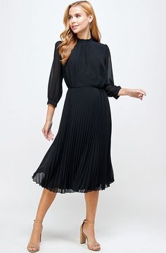 ONYX PLEATED MIDI DRESS | and Gold Onyx Color, Modest Boutique, Modest Summer Fashion, Black Pleated Dress, Little Black Dresses, Pleated Midi Dress, Long Sleeve Midi, Long Sleeve Midi Dress, Black Dresses