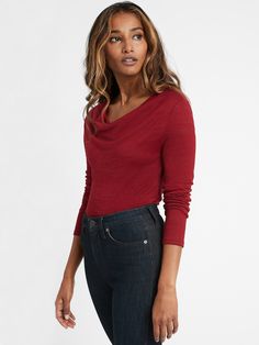 Luxespun Cowl-Neck Thong Bodysuit | Banana Republic Cozy Fitted Tops In Solid Colors, Cozy Fitted Tops For Layering, Cozy Stretch Tops For Layering, Snug Cozy Top In Solid Color, Cozy Stretch Turtleneck Top, Snug Soft Knit Tops For Layering, Stretch Fine Knit Top For Loungewear, Cozy Stretch Soft Knit Tops, Snug Knit Top For Loungewear