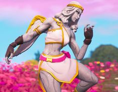 an animated woman standing in front of pink flowers with her hands out to the side