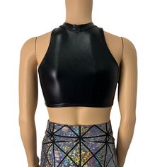 High-neck cutout crop top with sexy keyhole front. This top fits men or women for a unisex rave style. Made of 4-way stretch spandex. We can make this top in any of our 60+ fabrics if you request it in the personalization box! Please refer to the Women's size chart with your chest/bust measurement for sizing. High Stretch Cropped Party Tops, High Stretch Cropped Tops For Party, Stretch Punk Club Tops, Stretch Punk Style Club Tops, Stretch Punk Tops For Club, Punk Stretch Tops For Club, Punk Stretch Crop Top, High Stretch Cropped Top For Club, High Stretch Black High Neck Crop Top