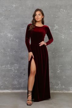 Bridesmaids Velvet Dress Deep V Back Dress High Leg Slit - Etsy Bosnia and Herzegovina Tiered Dress Formal, Round Neckline Dress, Burgundy Velvet Dress, Long Sleeve Bridesmaid Dress, Burgundy Maxi Dress, Fall Bridesmaid Dresses, Velvet Bridesmaid Dresses, Burgundy Bridesmaid, Low Back Dresses