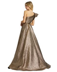 Metallic one shoulder a-line long ball gown with pockets. Copper Gown, Brocade Evening Dress, Prom Dresses Sparkle, Metallic Ball, Sewing Styles, Dresses Sparkle, Reception Outfit, One Shoulder Gown, Fashion Gowns