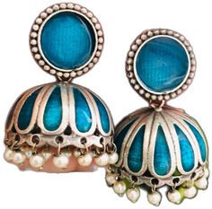 Blue Temple Jewelry Jhumkas Gift, Festive Fusion Blue Earrings, Blue Temple Jewelry Jhumkas For Diwali, Blue Fusion Earrings For Festivals, Fusion Blue Earrings For Festivals, Blue Tilla Jhumkas For Festivals, Blue Tilla Jhumkas For Gift, Blue Jhumkas For Festive Occasions, Blue Jhumkas With Tilla For Festivals