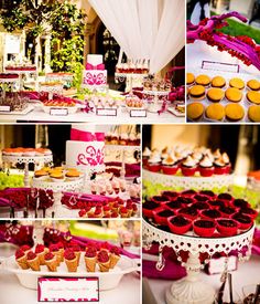 a collage of pictures showing different types of desserts and cupcakes on display