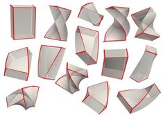 an assortment of different shapes and sizes of origami pieces on a white background