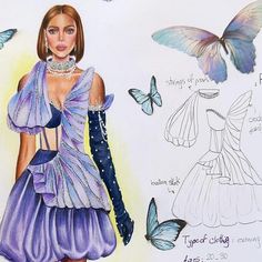 a drawing of a woman in a purple dress with butterflies around her neck and shoulders