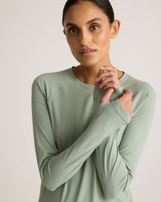 On the move? Meet our Ultra-Form Long Sleeve Top. Made with a relaxed fit, this top allows for unrestricted movement so you can focus on your workout reps instead of how your shirt is shifting around. An easy layering piece, it's buttery soft with 4-way stretch and plenty of performance features, including quick-dry, moisture-wicking, and anti-microbial technology.  | Quince | Women's Ultra-Form Long Sleeve Top in Aloe, Size XS, Nylon/Spandex Relaxed Fit Crew Neck Activewear For Light Exercise, Versatile Long Sleeve Moisture-wicking Top, Casual Tops With Moisture-wicking For Layering, Casual Moisture-wicking Tops For Layering, Functional Stretch Tops For Layering, Versatile Sports Top With Relaxed Fit, Casual Moisture-wicking Top With Medium Support, Sports Top With Relaxed Fit, Moisture-wicking Relaxed Fit Athleisure Top