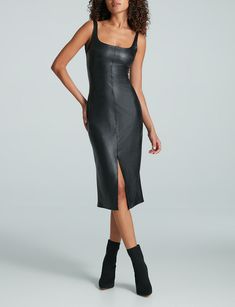 Made from our fan-favorite faux leather, The Faux Leather Midi Tank Dress has impressive four-way stretch and a real leather look and feel. And it's machine washable. Falls below the knee. Sexy front slip. You won't wanna take it off. Product Details     Four-way stretch faux leather body (97% viscose, 3% elastane with polyurethane coating)   Fit-tested by real women  Four-way stretch and high recovery  Square neck  Machine washable  Item FLT316 Fitted Leather Club Dress, Sleek Knee-length Faux Leather Dress, Knee-length Faux Leather Club Dress, Sleek Leather Midi Dress, Leather Bodycon Dress For Night Out, Sleek Faux Leather Dress For Night Out, Body Hugging Dress, Midi Tank Dress, Real Women