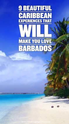 a beach with palm trees and the words 9 beautiful carribean experiences that will make you love barbados