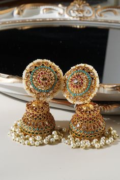 Samreen Jhumka Earrings - Gold-plated with multicolor navratan stones and zircon accents Statement Art, Jhumka Earrings, Classic Beauty, Push Pin, Soft Colors, Turquoise Blue, Gold Plating, Blue Gold, Timeless Beauty