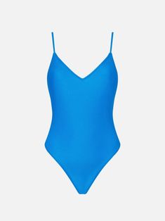 Woman one piece swimsuitShiny bluette solid colorThin strapsRegular fitV neckComposition: 90% Polyamide, 10% elastaneCare instructions: Cold hand wash. Do not soak. Do not iron. Do not dry off in contact with other garments. Rinse after contact with chlorine or salt water Blue Second-skin Swimwear For Poolside, Second-skin V-neck Swimwear, Blue Second-skin Swimwear For Beach, Blue Second-skin Swimwear For The Beach, Blue Swimwear For Pool, Summer One-piece Elastane Leotard, Blue Elastane Swimwear For Poolside, Blue Seamless Backless Swimwear, Second-skin Swimwear For Summer Parties