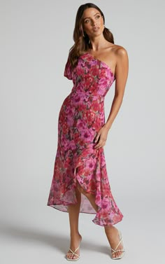 Clabelle Midaxi Dress - One Shoulder Ruffle Tulip Hem Dress in Violette Blur Floral | Showpo USA Garden Party Wedding Attire, Wedding Guest Dress Code, Beach Formal, Formal Wedding Attire, Guest Ideas, Prom After Party, Dress Code Wedding, Spring Wedding Guest, Garden Party Dresses