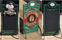 three different signs on the side of a building with coffee and pastries in them