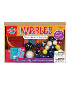 marbles and activities in a box on a white background with the words marbles written below it